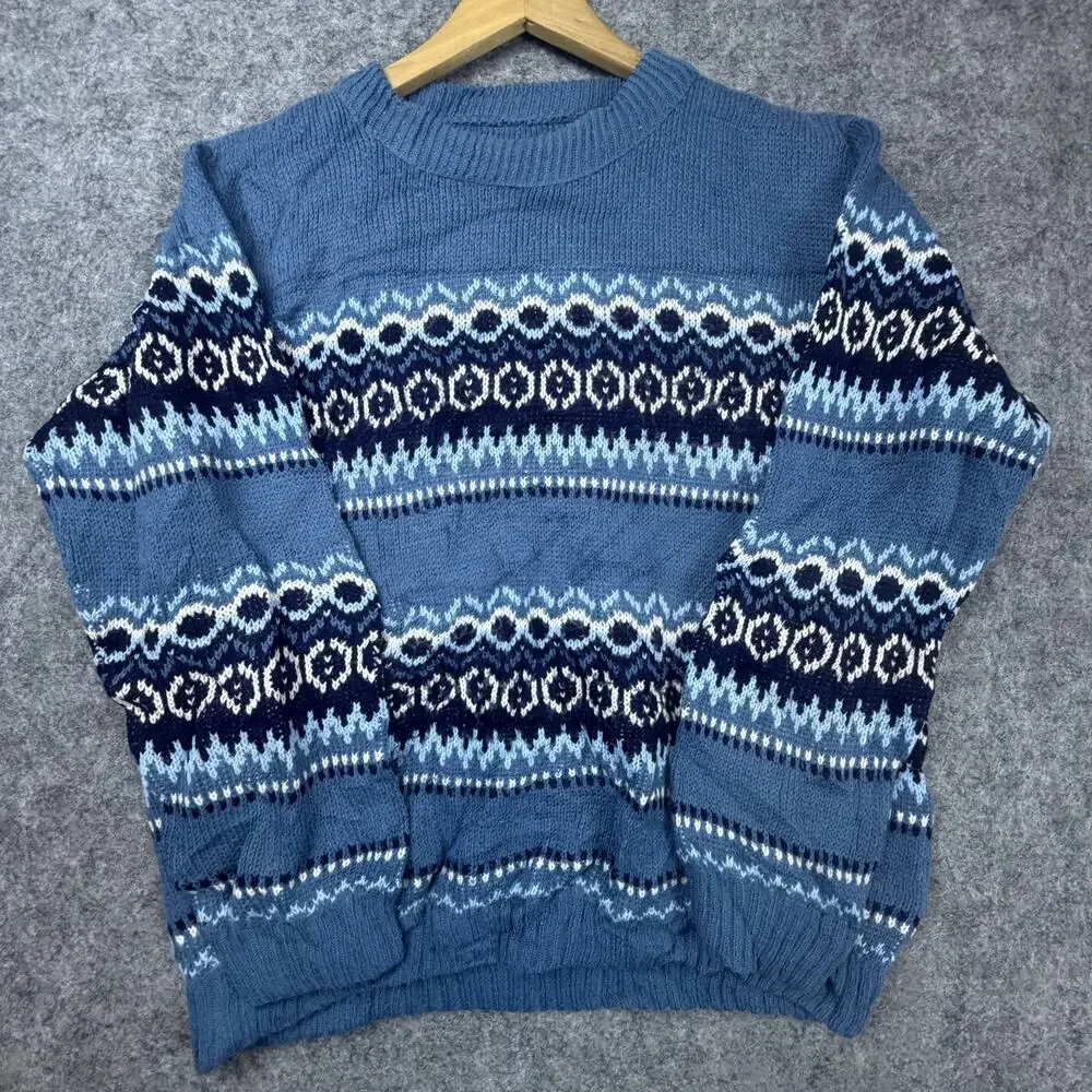 Vintage Fair Isle Sweater Mens Large Blue White Ski Lodge 90s Dad‎ Grandpa Cabin